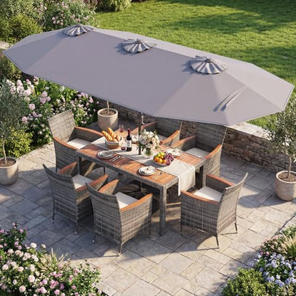 Tangkula 9 Pieces Rattan Outdoor Dining Set with 13Ft Solar Patio Umbrella for 6, Outdoor Wicker Table Set with 8 Cushioned Chairs, Acacia Wood Top, Outdoor Umbrella with Base Included
