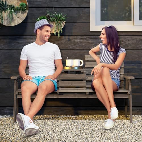 Tangkula Outdoor Fir Wood Bench with Foldable Middle Table, 2-3 Person Garden Bench with Backrest and Armrests, 710 lbs Weight Capacity, Slatted Seat Bench for Porch, Patio, Backyard