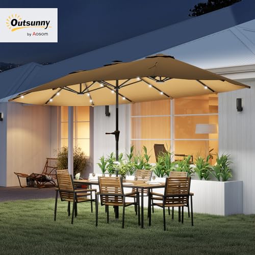 Outsunny 13ft Large Patio Umbrella with Solar Lights, Rectangular Double-Sided Outdoor Market Umbrella with Crank Handle and 48 LED Bulbs for Garden, Pool and Backyard, UPF 30+, Khaki