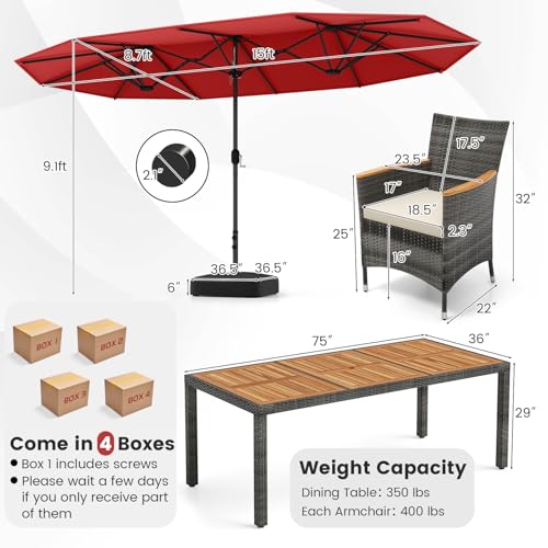 Tangkula 10 Pieces Patio Wicker Dining Set w/Double-Sided Patio Umbrella, Outdoor Acacia Wood Furniture Set w/ 8 Armchairs, 71” Dining Table & 15 ft Umbrella with Weighted Base (Wine)