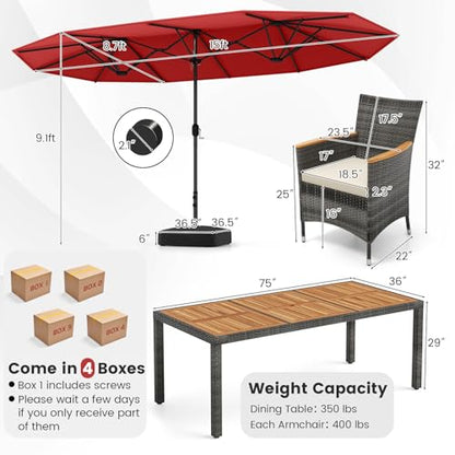 Tangkula 10 Pieces Patio Wicker Dining Set w/Double-Sided Patio Umbrella, Outdoor Acacia Wood Furniture Set w/ 8 Armchairs, 71” Dining Table & 15 ft Umbrella with Weighted Base (Wine)
