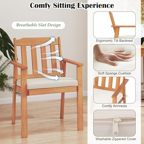 Tangkula 6 Pieces Patio Dining Table Set, 63” Rectangle Acacia Wood Table with Umbrella Hole and 4 Cushioned Armchairs and Backless Bench, Outdoor Dinette Furniture for Garden Yard Kitchen