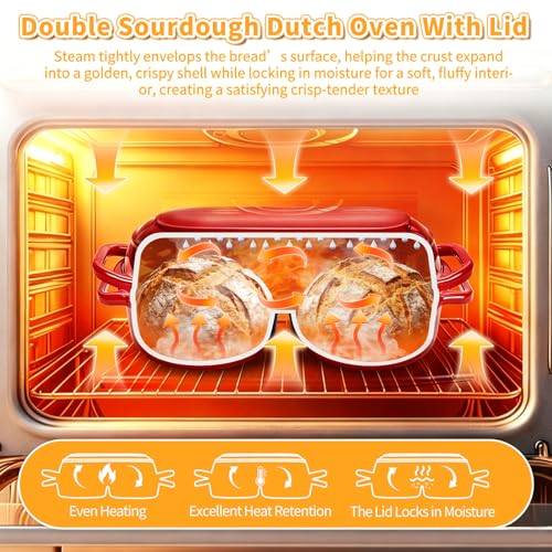 Mini Double Dutch Oven For Sourdough Bread Baking, 2.2QT Enameled Cast Iron Dutch Oven Pot With Lid, Non Stick Dual Round Bread Loaf Pan, 500°F Oven Safe, Sourdough Baking Pan For Homemade Baking