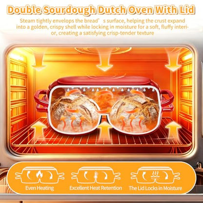 Mini Double Dutch Oven For Sourdough Bread Baking, 2.2QT Enameled Cast Iron Dutch Oven Pot With Lid, Non Stick Dual Round Bread Loaf Pan, 500°F Oven Safe, Sourdough Baking Pan For Homemade Baking