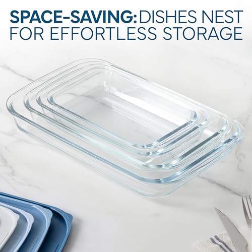 COOK WITH COLOR 8-Piece Deep Glass Baking Dish Set with Plastic Lids – Casserole and Food Storage Containers for Lasagna, Leftovers – Freezer-to-Oven, Microwave & Dishwasher Safe, Blue