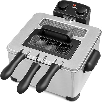 Deep Fryers with 3 Baskets - Simoe 5.3QT/21 Cup Electric Large Fryer Countertop, 1700W Stainless Steel Deep Oil Fryer with Lid, Adjustable Temperature & Timer & View Window, Professional Grade