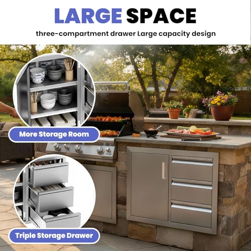 28"×19.7"×22" Outdoor Kitchen Cabinets, 304 Stainless Steel Cabinet, No Assembly Flush Mount Outdoor Kitchen Drawers Combo with Silent Triple Drawers & Access Door for BBQ Island Indoor Kitchen