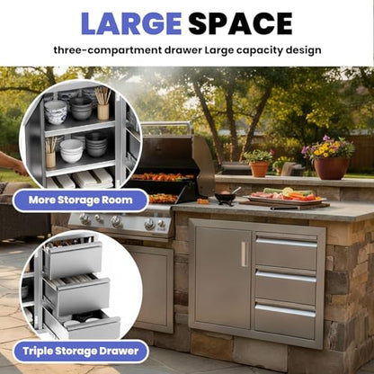 28"×19.7"×22" Outdoor Kitchen Cabinets, 304 Stainless Steel Cabinet, No Assembly Flush Mount Outdoor Kitchen Drawers Combo with Silent Triple Drawers & Access Door for BBQ Island Indoor Kitchen