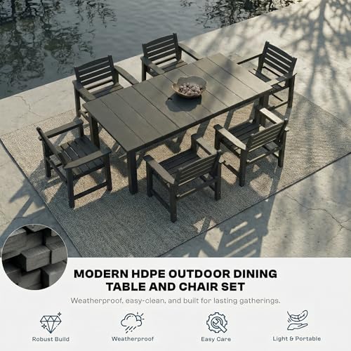 Patio Kingdom 9-Piece Outdoor Dining Set for 8, 75.2" HDPE Table with Umbrella Hole & 8 Chairs, All-Weather Patio Furniture for Lawn, Yard, Deck, or Poolside, Fade & Crack Resistant (Black)