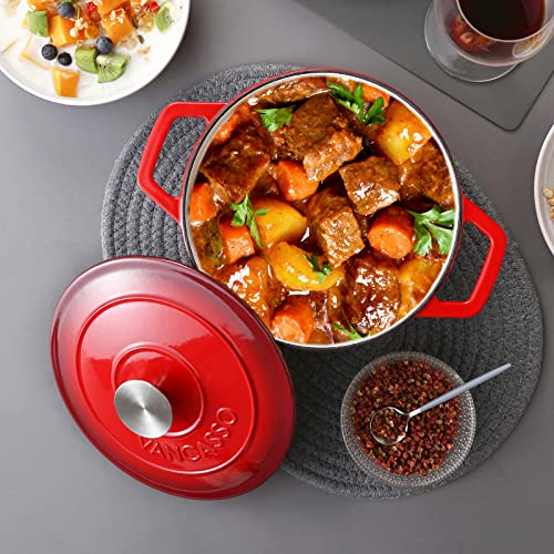 vancasso Enameled Cast Iron Dutch Oven with Lid, 3.5 QT Small Round Enamel Dutch Oven Pot for Bread Baking, Non Stick Enamel Coating, Red