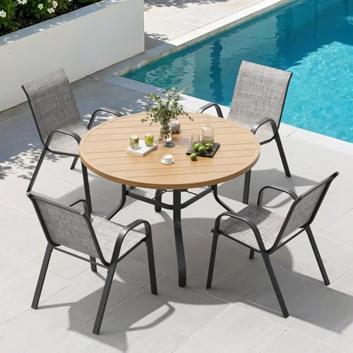 Soohow Patio Dining Set for 4, 5-piece Outdoor Dining Set 4 x Stackable Patio Chairs & 1 x Wood-Like Round Table with Umbrella Hole, All-Weather Outdoor Table and Chairs for Backyard, Balcony, Porch