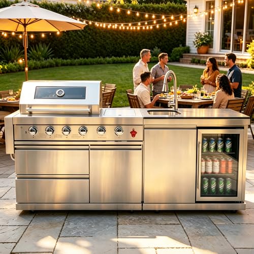 84-Inch Deluxe Stainless Steel Outdoor Kitchen Barbecue Island Grill, 5-Burner 75300 BTU, SS304 Material with Sink, Wine Cooler, Refrigerator, Granite Countertops & Rotisserie Kit, Silver (Silver)