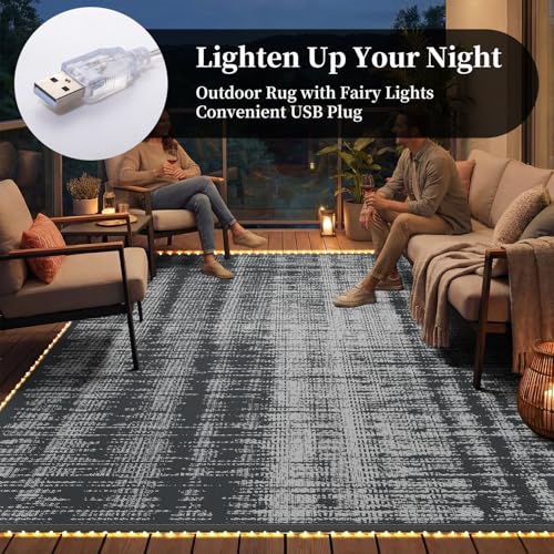 MontVoo Outdoor Rug Waterproof 9x12 ft with Strip Lights Outdoor Patio Rug Mat Reversible Plastic Straw Rug Outside Outdoor Rug for RV Camping Picnic Balcony Backyard