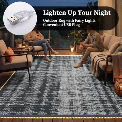 MontVoo Outdoor Rug Waterproof 9x12 ft with Strip Lights Outdoor Patio Rug Mat Reversible Plastic Straw Rug Outside Outdoor Rug for RV Camping Picnic Balcony Backyard