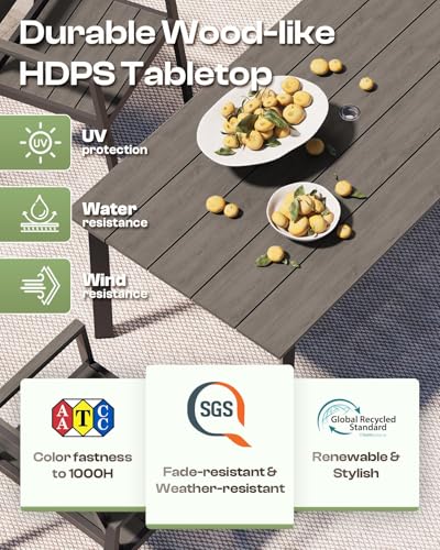 Oasbira Outdoor Dining Set for 6, Patio Table and Chairs Set with Umbrella Hole, 7 Pieces HDPS + Aluminum Outdoor Furniture Sets for Patio, Garden (Charcoal)