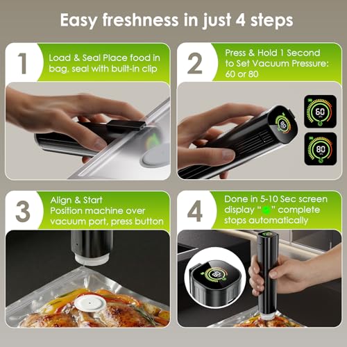 Elxis Vacuum Sealer, Portable handheld Vacuum Sealer + 30 Reusable Vacuum Bags, Portable Food Sealer, With LED pressure display, 2-Speed Pressure Control (60/80 Kpa)