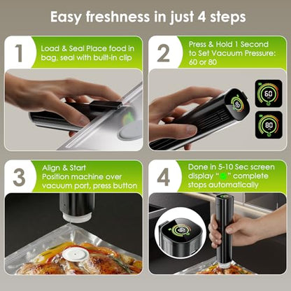 Elxis Vacuum Sealer, Portable handheld Vacuum Sealer + 30 Reusable Vacuum Bags, Portable Food Sealer, With LED pressure display, 2-Speed Pressure Control (60/80 Kpa)