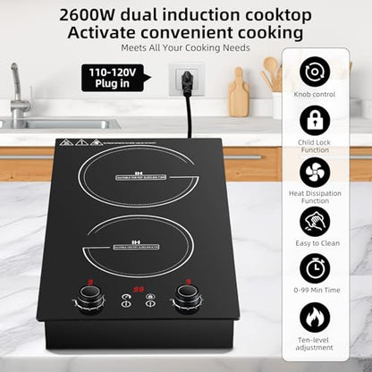 Wesonorous Double Induction Cooktop,110V 2600W 2 burner induction cooktop with hot plat with LED Touch Screen 10 Levels,Child Safety Lock & Timer 110V countertop burners