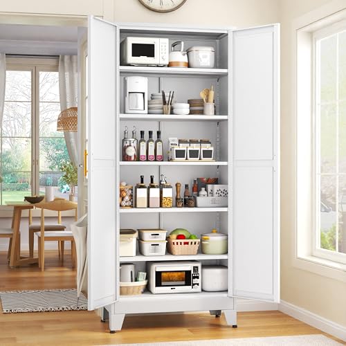 GAIOUS 75.2" Tall Metal Kitchen Pantry Storage Cabinets with 2 Door and 5 Adjustable Shelves, Cupboard for Kitchen, Dining Room, Living Room and Bathroom, White