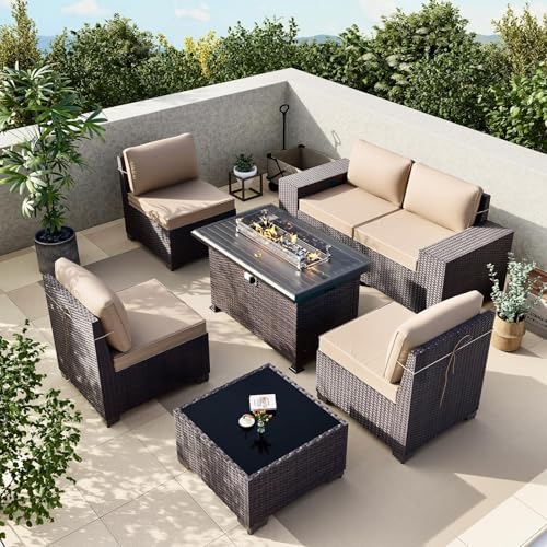 Gotland 7 Pieces Patio Furniture Set with 55000BTU Fire Pit Table, Wicker Patio Set with Wide Armrests 29.5'' High Backrest Thick Cushions 1 Coffee Table, Outdoor Furniture for Porch Deck Khaki