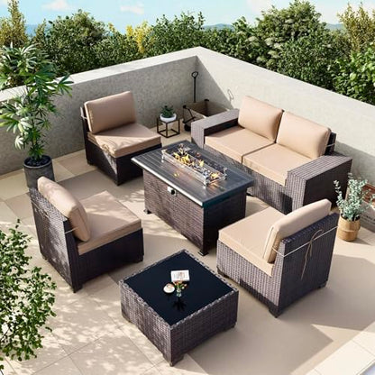 Gotland 7 Pieces Patio Furniture Set with 55000BTU Fire Pit Table, Wicker Patio Set with Wide Armrests 29.5'' High Backrest Thick Cushions 1 Coffee Table, Outdoor Furniture for Porch Deck Khaki