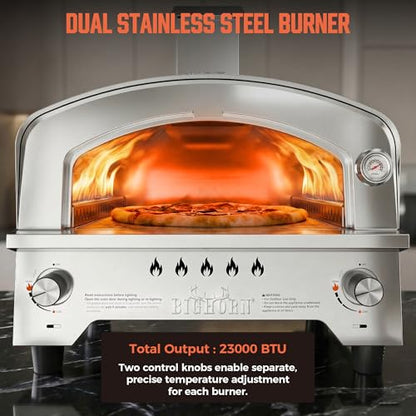 BIG HORN Gas Pizza Oven, Portable Propane Pizza Oven with 15 inch Pizza Stone, Stainless Steel Pizza Maker for Outdoor Cooking