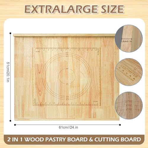 CMINAUS Reversible Wooden Pastry Board, 24" x 20" Wooden Cutting Board with Lip, Pastry Board Cutting Board Chopping Board Pie Board with Engraved Ruler for Counter Top Kitchen