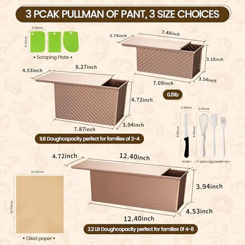 Lollicy 3 Pack Pullman Loaf Pan with Lids, Non-Stick Bread Loaf Pan, Heavy Duty Carbon Steel Corrugated Toast Box for Baking, Square Bread Pans for Homemade Sandwich, Bakeware (Rose Gold)
