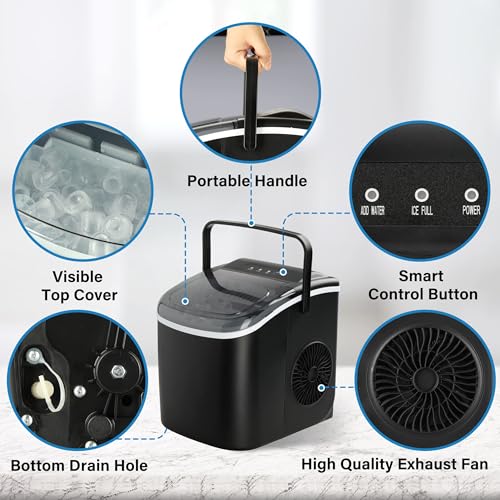 Simple Deluxe Portable Countertop Ice Maker, 26lbs Ice/24H, 9 Ice Cubes in 6 Minutes, with Basket and Ice Spoon, Self-Cleaning, for Indoor and Outdoor, Black