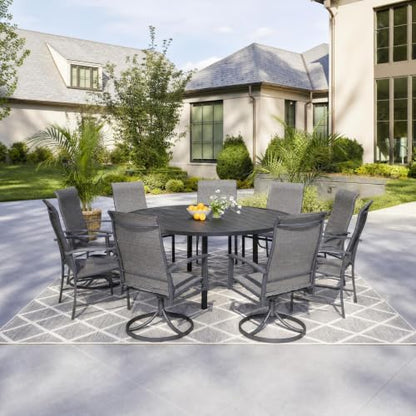 Puntogen 9 Pieces Metal Patio Dining Set with Umbrella Hole, 60" Round Patio Table and Chairs Set with 8 Swivel Chairs, All Weather Outdoor Patio Furniture