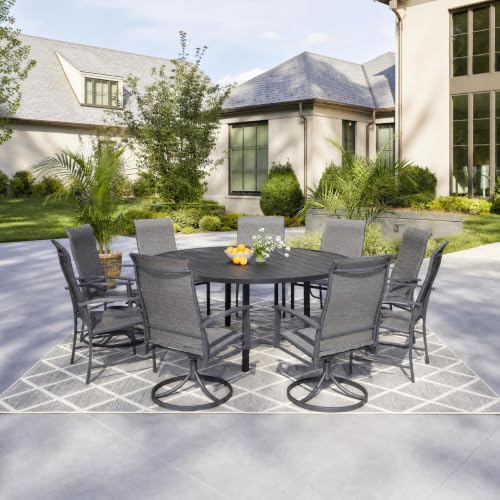 Puntogen 9 Pieces Metal Patio Dining Set with Umbrella Hole, 60" Round Patio Table and Chairs Set with 8 Swivel Chairs, All Weather Outdoor Patio Furniture