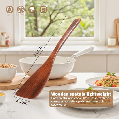 Wooden Spatula for Cooking, Long Handle Wood Spatulas for Non Stick Frying Pan, Right Hand Wood Turner for Cooking Kitchen Cookware