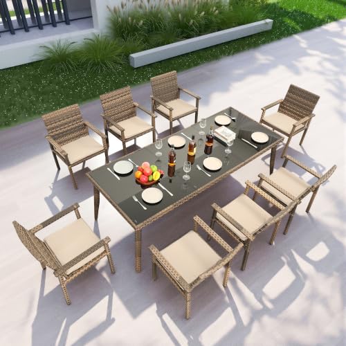Rattaner Brown Wicker Patio Dining Set for 6 Outdoor Dining Glass Table and Chairs 7 Pieces with Waterproof Cover and Cushions, Khaki