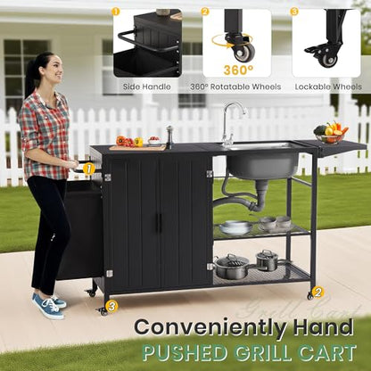 LVUYOYO Outdoor Grill Table with Stainless Steel Sink, Grill Cart Station with Cabinet, Metal Kitchen & Island Rolling BBQ Table for Garden, Patio, Backyard