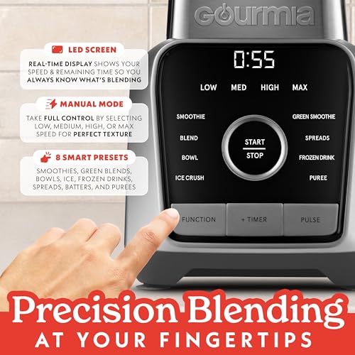 Gourmia Countertop Blender – 8 Blend Programs, 4 Speeds, Pulse and Manual Mode, 56oz Pitcher, Digital Display with Integrated Timer, Round-Plated Tamper, Dishwasher-Safe Parts