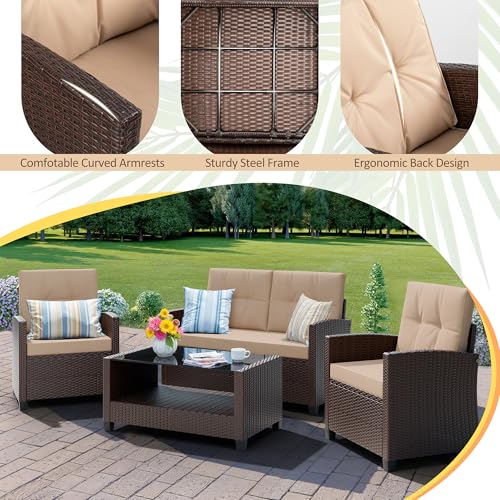 Shintenchi 4 Piece Patio Furniture Set, Outdoor Rattan Conversation Set with Coffee Table, Outside Wicker Sectional Sofa Couch with Cushion, Brown and Khaki