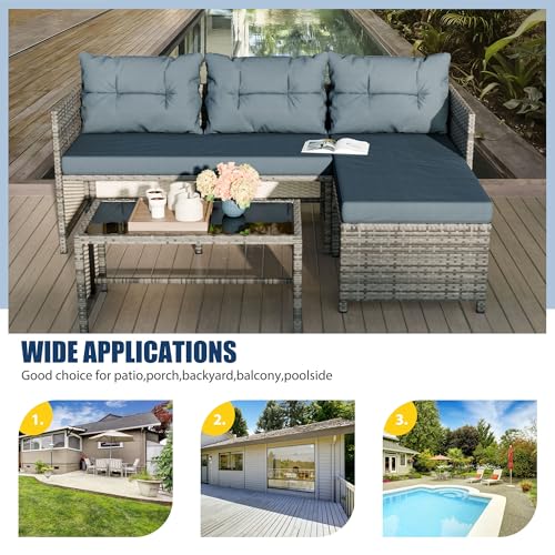 Vongrasig 3 Pieces Patio Furniture Sets, All-Weather Wicker Outdoor Sofa Couch Sectional Set, Small Conversation Set for Patio, Garden w/Cushion, Glass Table, (Blue)