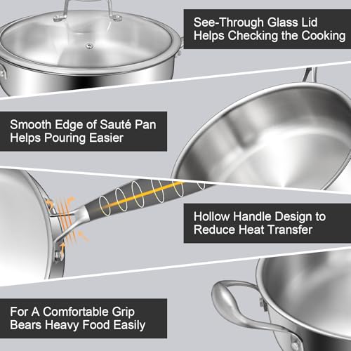 EWFEN 12 Inch Tri-Ply Stainless Steel Frying Pan, Compatible with All Cooktops Up to 600℉, Large Frying Pan with lids, Induction-Ready Skillet, Dishwasher and Oven Safe, Even Heat, 12" Pan+Handle+Lid