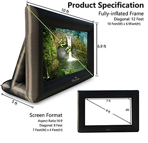Talvania 12 Feet Inflatable Projector Screen for Outdoor and Indoor TV Movie Watching Blower, Tie Downs, Stakes, Sandbags, and Storage Bag + Step-by-Step Guide, Quick Blow Up (Black)