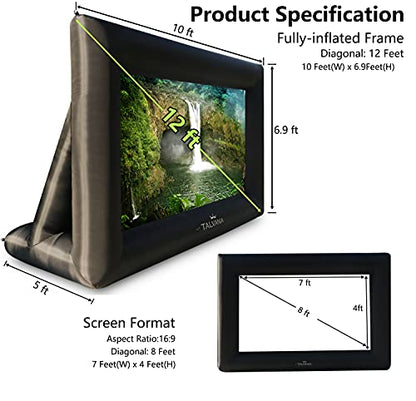 Talvania 12 Feet Inflatable Projector Screen for Outdoor and Indoor TV Movie Watching Blower, Tie Downs, Stakes, Sandbags, and Storage Bag + Step-by-Step Guide, Quick Blow Up (Black)