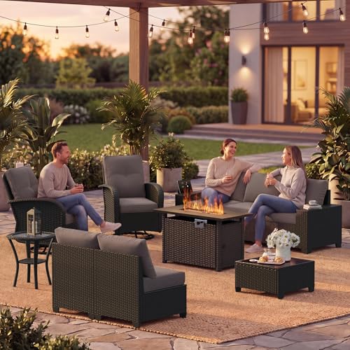 LazySunsets 10 PCS Patio Furniture Set with 44'' Fire Pit Table, Outdoor Sectional All-Weather Wicker Conversation Set with Swivel Rocker Chairs, 4'' Thick Cushions for Backyard Poolside(Crey/Black)