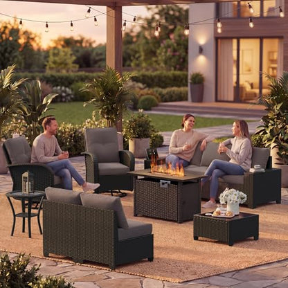 LazySunsets 10 PCS Patio Furniture Set with 44'' Fire Pit Table, Outdoor Sectional All-Weather Wicker Conversation Set with Swivel Rocker Chairs, 4'' Thick Cushions for Backyard Poolside(Crey/Black)