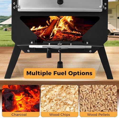 Happygrill Pizza Oven Outdoor, 12” Portable Wood-Fired Pizza Stove with Pizza Stone, Pizza Peel & Oxford Cloth Cover, Multi-Fuel Pizza Maker with Stainless Steel Roof for Patio Backyard Camping BBQ