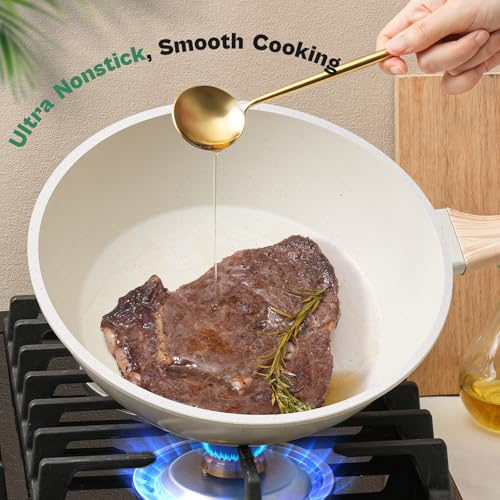13 Pcs Pots and Pans Set, Nonstick Cookware Sets White Granite Induction Cookware, Non-toxic Healthy Non stick Kitchen Cooking Set with Frying Pans Set, Saucepans (PFAS/PFOA/PFOS Free)