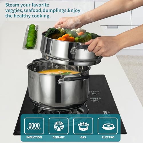 SLOTTET Stainless Steel 8 Quart Stock Pot with Steamer,8 Qt Deep Soup Pot for cooking,Multipurpose Stockpot with silicone Stay-cool Handle.Dishwasher and Oven Safe,Induction Stainless Steel Cookware
