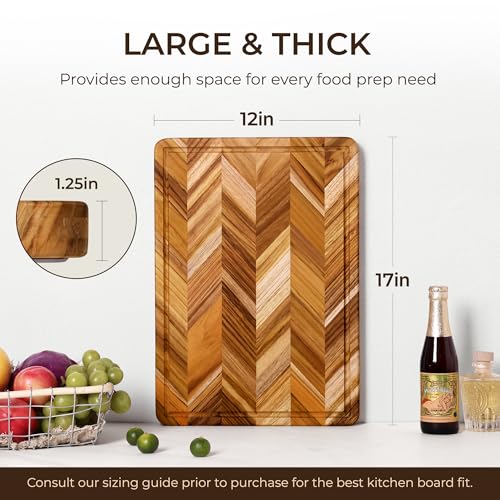oridom Teak Wood Cutting Board for Kitchen Large End Grain Heavy Duty Checkered Wooden Cutting Board Non Toxic Herringbone Charcuterie Butcher Block Non Slip Hardwood Chopping with Juice Groove Handle