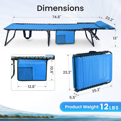 SUNW 2 Pack 400lbs Adjustable Folding Chaise Lounge, Lay Flat Recliner with Pillow & Side Pocket for Patio Pool Camping (Blue)