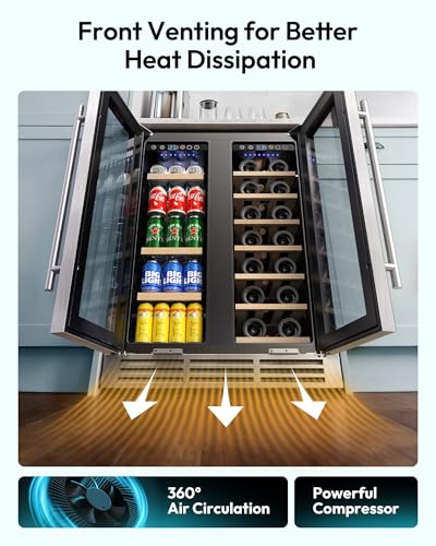 EUHOMY Wine and Beverage Refrigerator, 24 Inch Dual Zone Wine Cooler with Glass Door Hold 21 Bottles and 88 Cans, Built in or Under Counter Wine Fridge with Blue LED Light