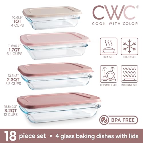 COOK WITH COLOR 8 PC. Glass Baking Dish Set with Lids - Deep Casserole Dish, Glass Food Container, Oven, Freezer and Microwave Safe, Clear Container, Pink