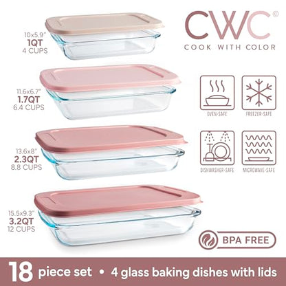 COOK WITH COLOR 8 PC. Glass Baking Dish Set with Lids - Deep Casserole Dish, Glass Food Container, Oven, Freezer and Microwave Safe, Clear Container, Pink